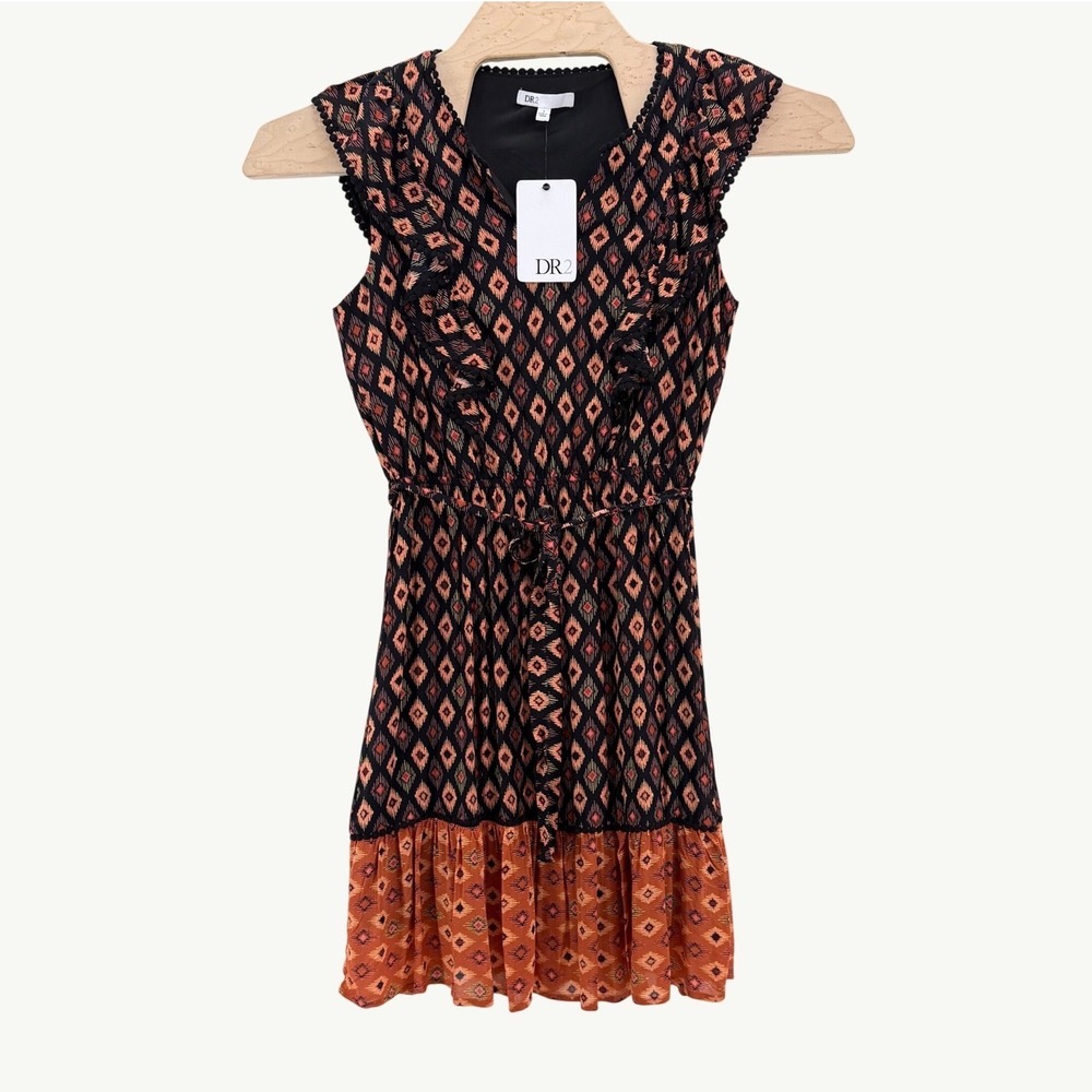 DR2 Geometric Ikat Ruffle Mini Dress S Rayon Black Orange Boho Autumn Wedding